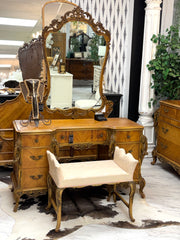 French Provincial Louis XIV vanity w/mirror & bench