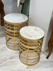Round gold marble-top side table pair (2)