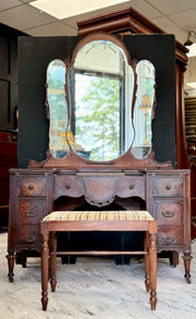 Antique vanity on casters w/mirror & stool
