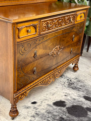 Antique carved 5-drawer dresser w/mirror