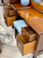 Vintage Burl-wood vanity on casters & mirror w/stool