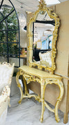 Carved wood console table & mirror