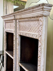 Hand-carved white-washed wood corner shelf pair (2)