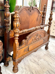 Carved wood antique full bed w/rails