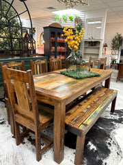 Wood dining table w/5 chairs & bench