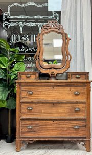 Antique Victorian walnut dresser & wishbone swivel mirror glovebox chest
