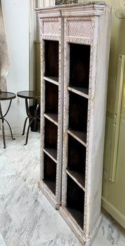 Hand-carved white-washed wood corner shelf pair (2)