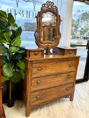 Antique Victorian walnut dresser & wishbone swivel mirror glovebox chest