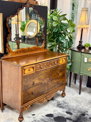 Antique carved 5-drawer dresser w/mirror