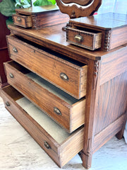Antique Victorian walnut dresser & wishbone swivel mirror glovebox chest