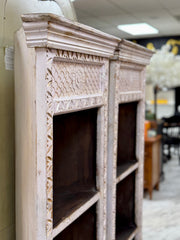Hand-carved white-washed wood corner shelf pair (2)