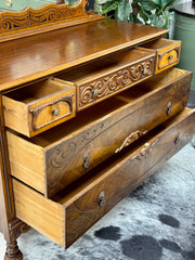 Antique carved 5-drawer dresser w/mirror