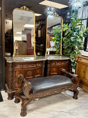 Marble top carved nightstand pair (2)