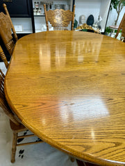 Vintage pedestal dining table w/6 chairs & leaf