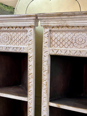 Hand-carved white-washed wood corner shelf pair (2)
