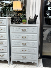 Gray French Provincial chest of drawers