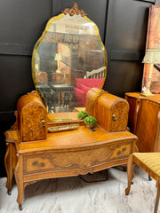 Antique inlaid wood dressing table w/mirror & matching chair