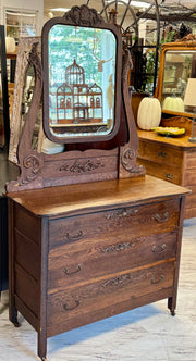 Antique dark oak dresser on casters w/mirror