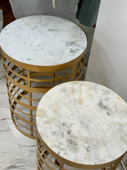 Round gold marble-top side table pair (2)