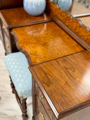 Vintage Burl-wood vanity on casters & mirror w/stool