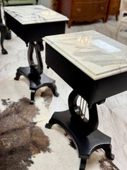 Vintage Lyre harp table pair w/Italian marble top (2)