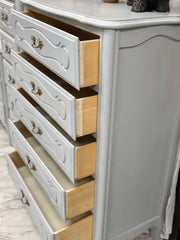Gray French Provincial chest of drawers