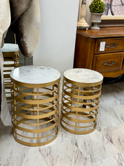 Round gold marble-top side table pair (2)